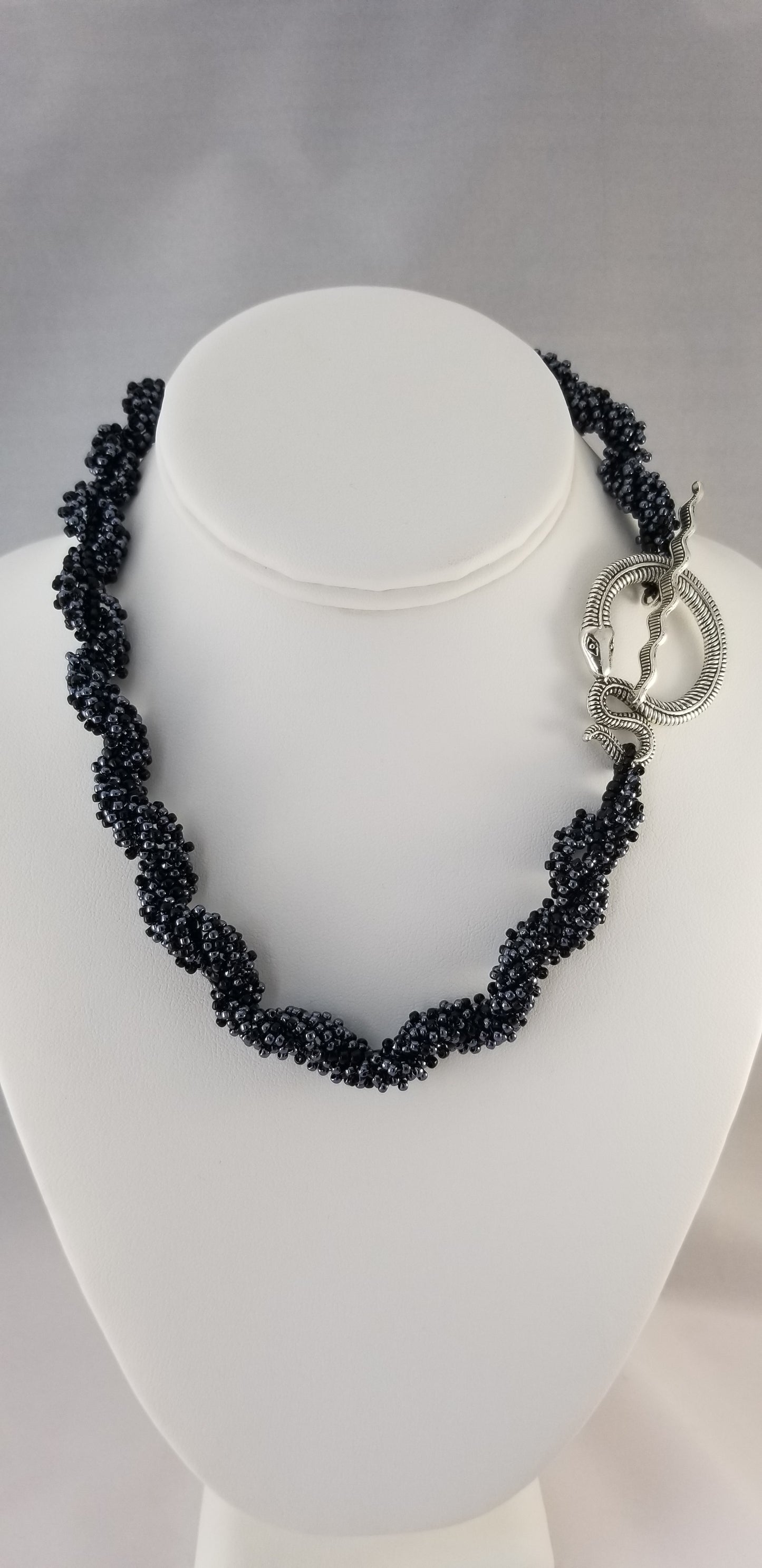 Black Spiral Rope Beaded Necklace w/ Snake Toggle Clasp