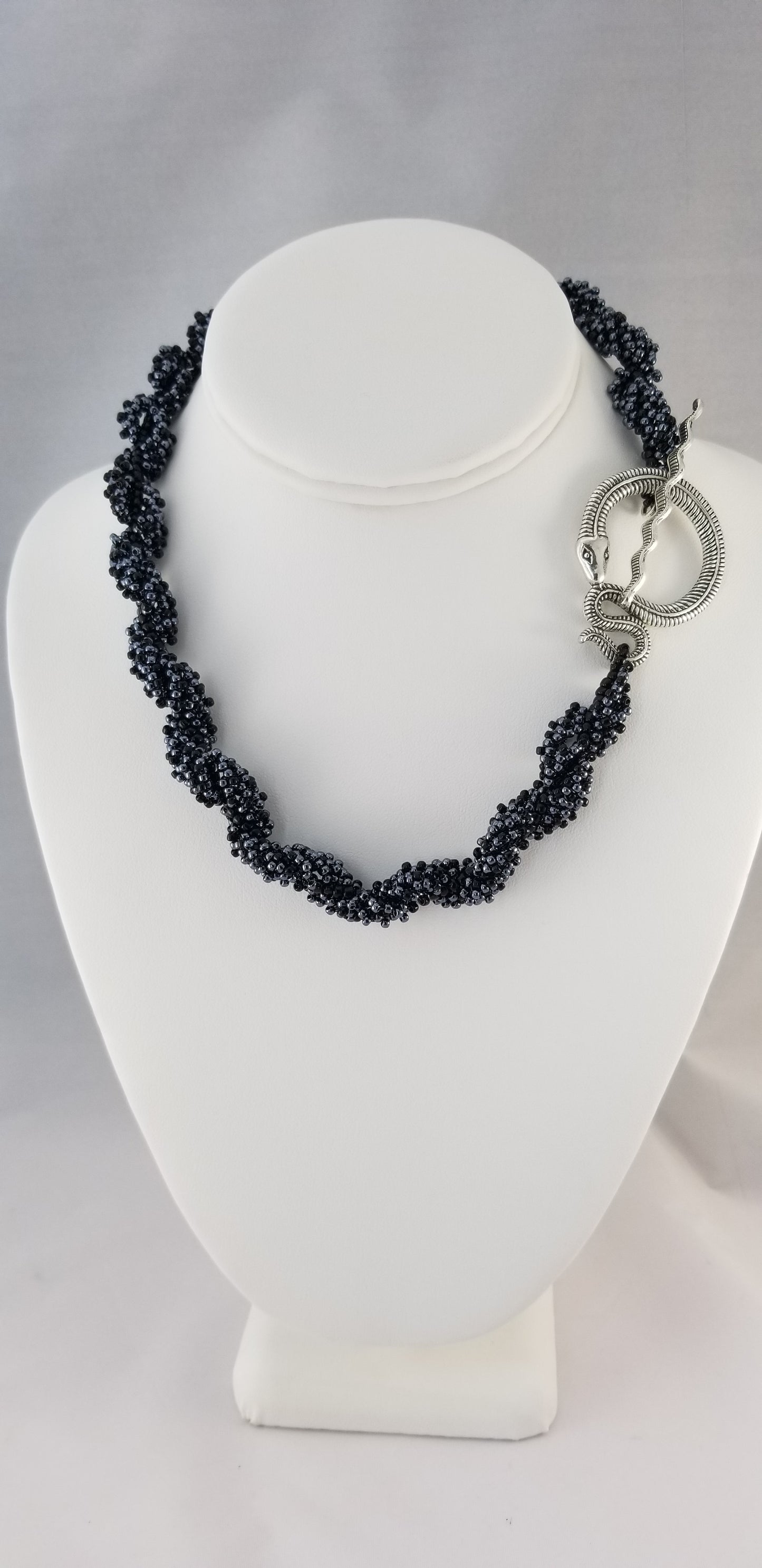 Black Spiral Rope Beaded Necklace w/ Snake Toggle Clasp