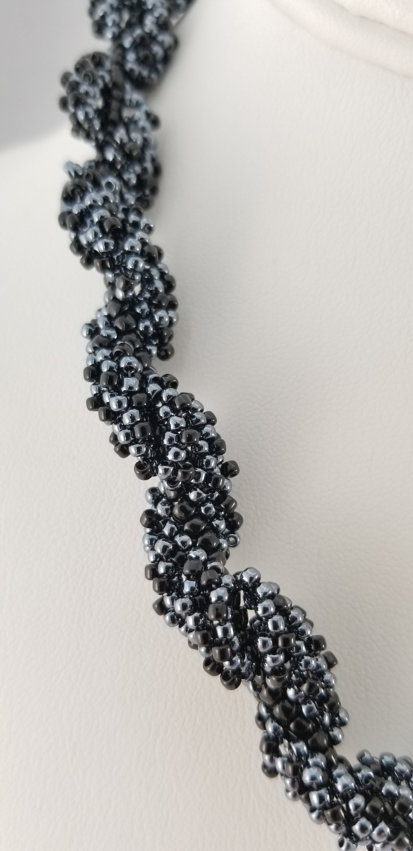 Black Spiral Rope Beaded Necklace w/ Snake Toggle Clasp