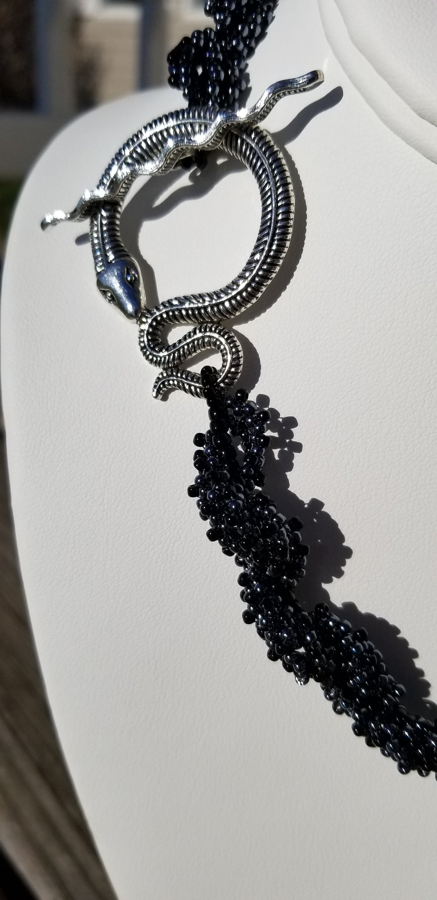 Black Spiral Rope Beaded Necklace w/ Snake Toggle Clasp
