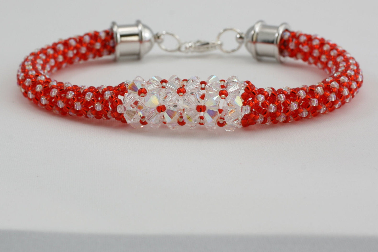 Red/Crystal “Flower” Beaded Bracelet