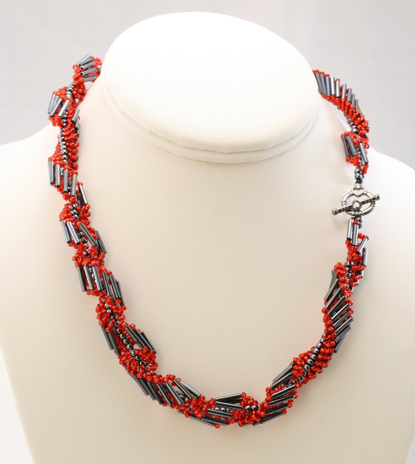 Gunmetal Red Spiral Rope Beaded Necklace