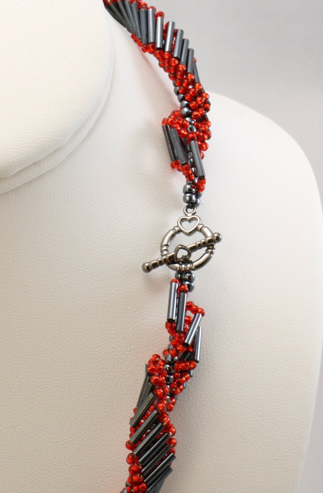 Gunmetal Red Spiral Rope Beaded Necklace