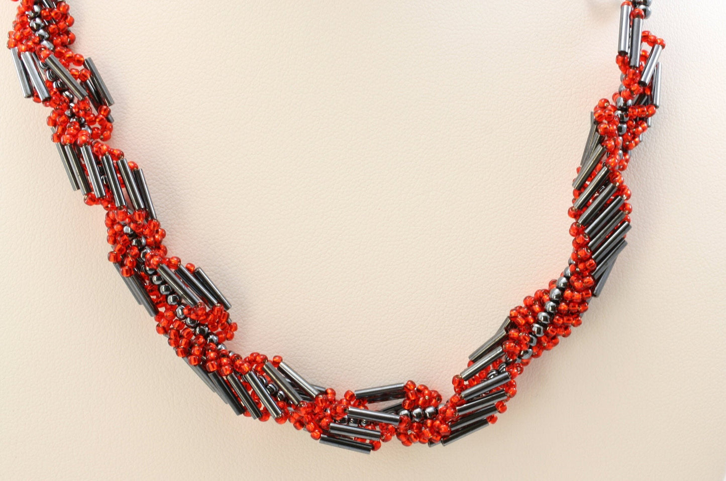 Gunmetal Red Spiral Rope Beaded Necklace