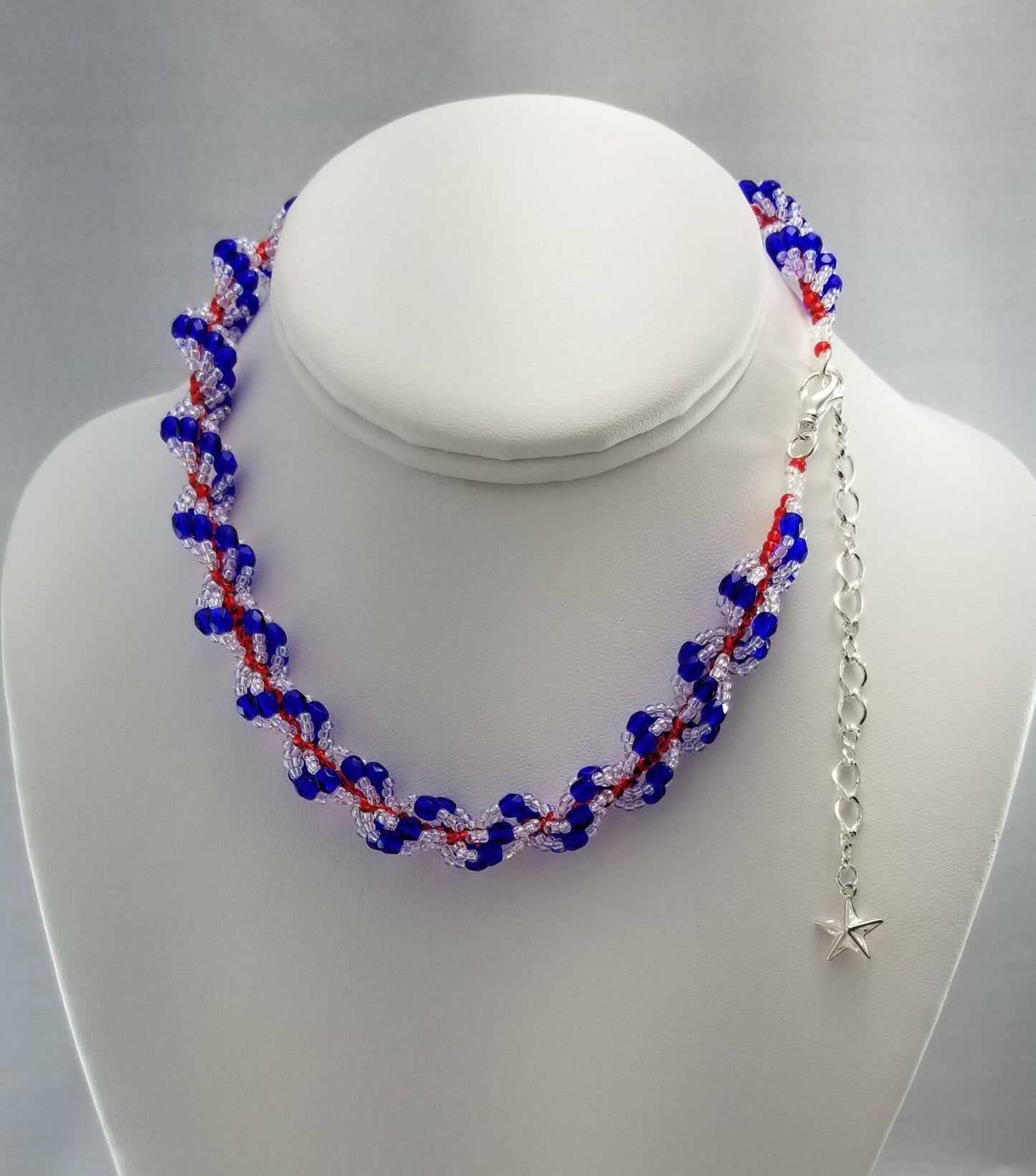 Blue/White and Red Single Spiral Rope Necklace with Extender