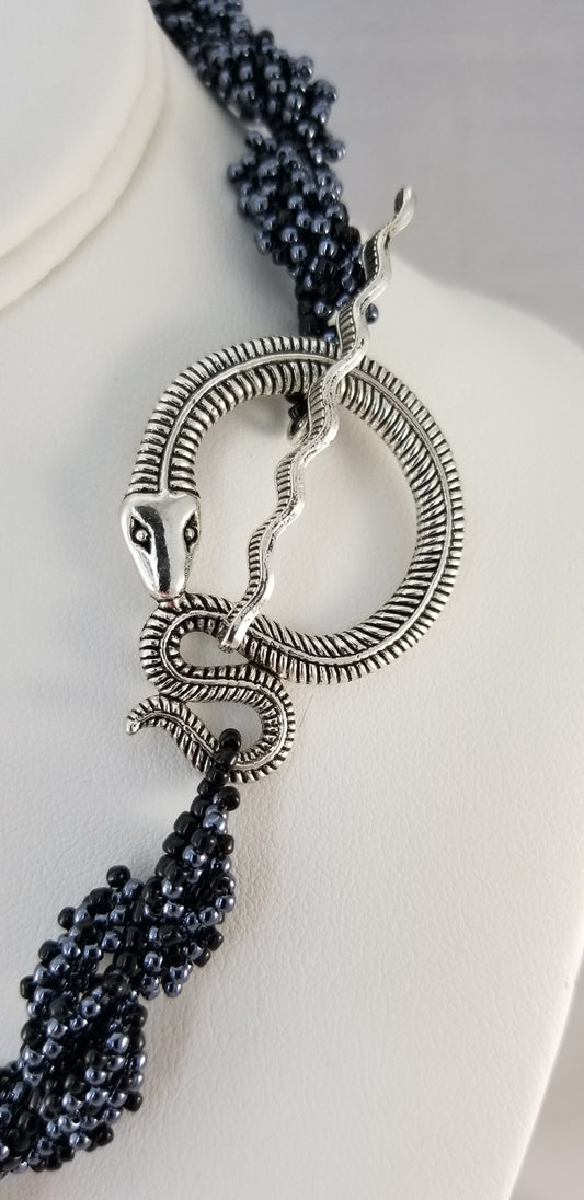 Black Spiral Rope Beaded Necklace w/ Snake Toggle Clasp