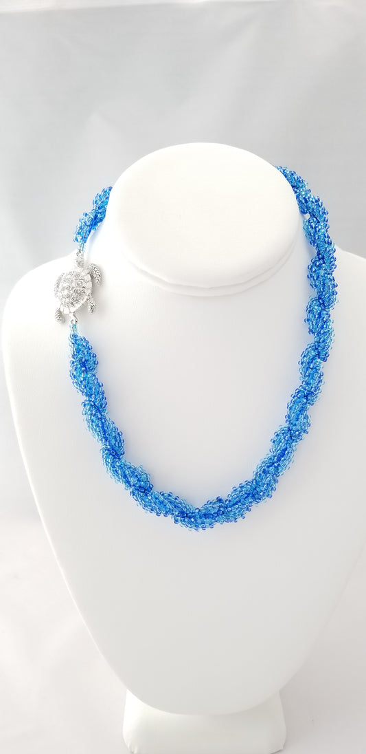 Blue Spiral Rope Beaded Necklace with Sea Turtle Clasp