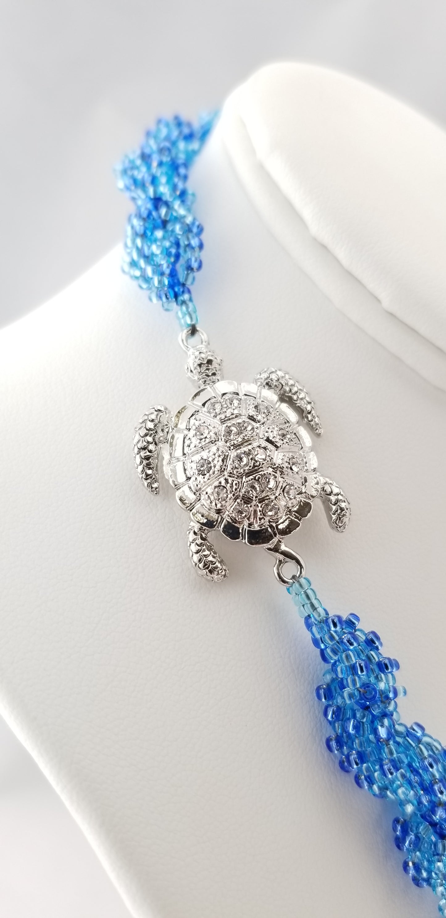 Blue Spiral Rope Beaded Necklace with Sea Turtle Clasp